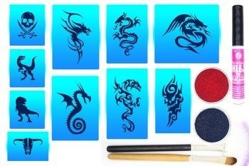 Zestaw nr 8 szablonów samoprzylepnych do tatuaży brokatowych Smoki i Czaszki