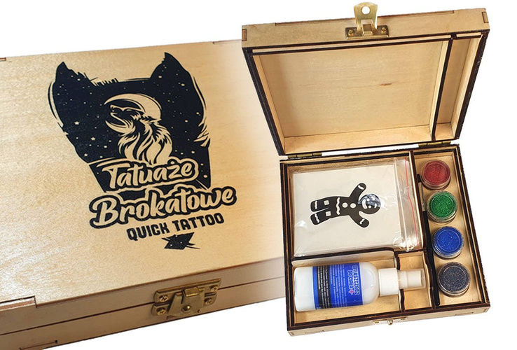 Zestaw do tatuażu brokatowe w drewnianej skrzyneczce typu Quick Tattoo Chłopcy1 QT1